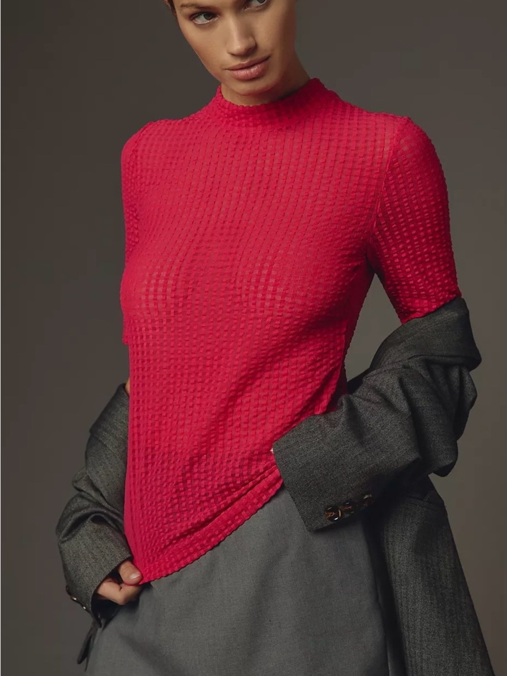 Maeve by Anthropologie Sheer Mesh Pink Textured Short-Sleeve Mock Neck Top
